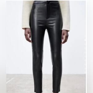 Zara Black Faux Leather Raw Edge‎ Ankle Zip High Rise Leggings NWT Sz XXL